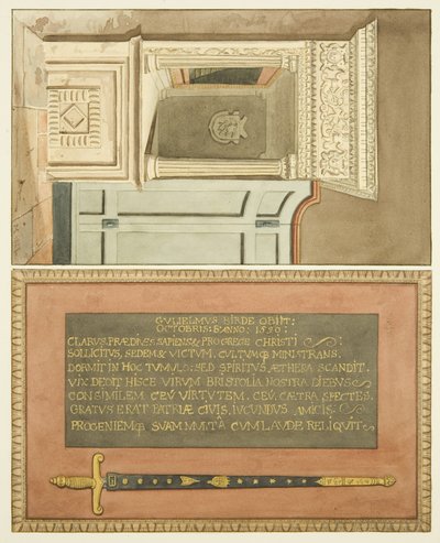 A Szent Márk-templomban található William Bird-emlékmű vége felirattal és bírói kard festményével (akvarell papíron) alkotó: Joseph Manning