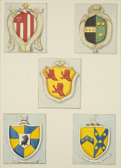 Öt címer a templomi templom emlékműveiről (akvarell papíron) alkotó: Joseph Manning