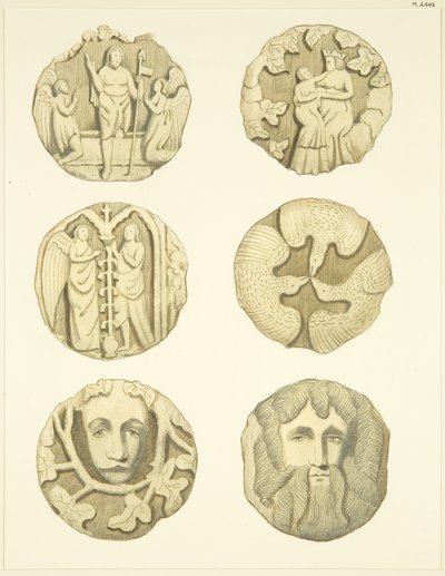 Lágyék kövek (főnökök) a Redcliffe templom mennyezetén (akvarell papíron) alkotó: Joseph Manning
