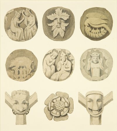Lágyék kövek (főnökök) a Redcliffe templom mennyezetén (akvarell papíron) alkotó: Joseph Manning
