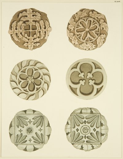 Lágyékkövek (főnökök) a St Mary Redcliffe mennyezetén (akvarell papíron) alkotó: Joseph Manning