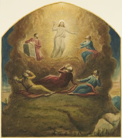 Eredeti Mead oltárképe a Szent Jakabban, a Színeváltozást a hegyen mutatja (ceruza és akvarell papíron) alkotó: Joseph Manning