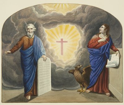 Festett ablak a Krisztus-templom oltárán, Mózes és Szent János evangélista ábrázolásával (akvarell papíron) alkotó: Joseph Manning