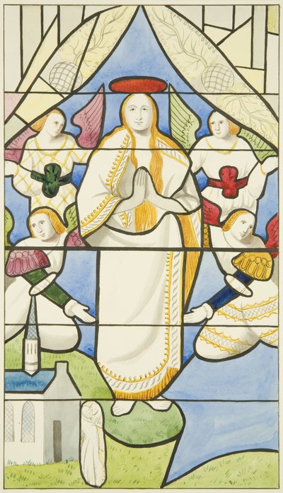 Ólomüveg a Szent Márk-templomban – a Szűz mennybemenetele (akvarell papíron) alkotó: Joseph Manning