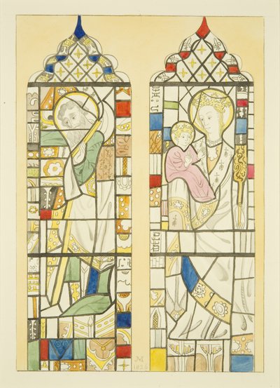 Ólomüveg az ablakban a St Mary Redcliffe betűtípus felett (akvarell papíron) alkotó: Joseph Manning