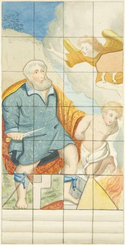 Ólomüveg ablak a bristoli székesegyház északi folyosójának keleti végén, Ábrahámot és Izsákot ábrázolva (akvarell papíron) alkotó: Joseph Manning