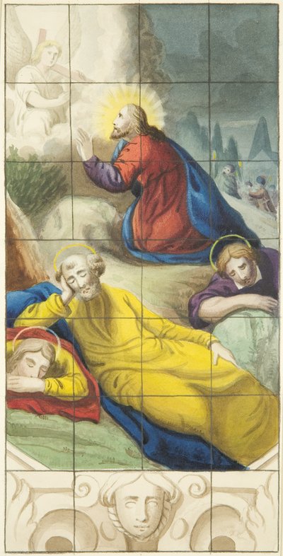 Ólomüveg ablak a bristoli székesegyház északi folyosójának keleti végén, Krisztus a kertben agóniában (akvarell papíron) alkotó: Joseph Manning