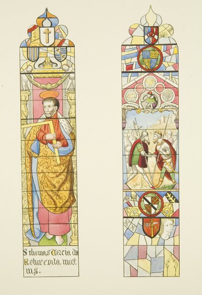 Két ólomüveg ablak, amelyek a Szent Márk oltár ablakát alkotják, az egyik Szent Tamás (akvarell, papír) alkotó: Joseph Manning