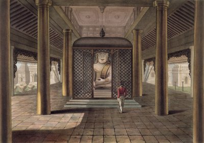 Egy katona áll egy rangooni templomban, metszet: George Hunt, 1825 (színes aquatinta) alkotó: Joseph Moore