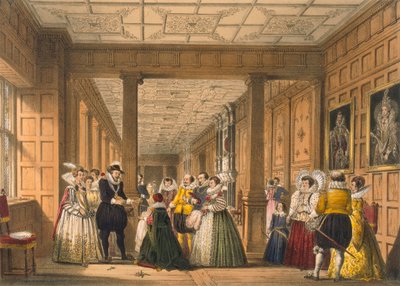 A Hertfordshire-i Hatfield House galériája, a "Architecture of the Middle Ages" című, 1838-ban megjelent kötetből. alkotó: Joseph Nash