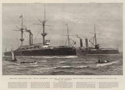 Az új vashajók, a HMS Royal Sovereign és a HMS Royal Arthur, amelyeket csütörtökön bocsátott vízre a királynő Portsmouthban. alkotó: Joseph Nash