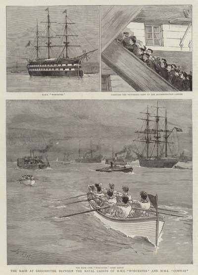 A HMS Worcester és a HMS Conway haditengerészeti kadétjai közötti verseny Greenhithe-ben. alkotó: Joseph Nash