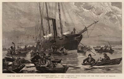 Edinburgh hercege segélyosztagával, a HMS Goshawk megérkezése üzletekkel Írország nyugati partjainál, Achill és Clare szigetek között alkotó: Joseph Nash