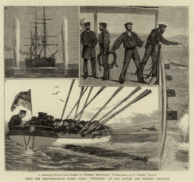 A mediterrán flottával, a H M S Monarch at Gun Cotton és a Torpedo Practice csapatával alkotó: Joseph Nash