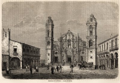 A kubai havannai katedrális, Navlet rajza a Kuba szigetére vezető utazás szemléltetésére 1859-ben, Richard Dana (1815-1882). Metszet a „” Le tour du monde, nouveau Journal des voyages”” Párizsban alkotó: Joseph Navlet