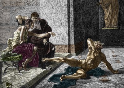 A római mérgező, Locust ábrázolása, aki Néró császár (37-68) oldalán próbált mérget venni, amelyet Britannicus (41-55) testvérének szánt egyik rabszolgáján, 55 Metszet Joseph-Noel Sylvestre (1847-1926) festménye után ) 1876 (Locus római mérgező alkotó: Joseph-Noel (after) Sylvestre