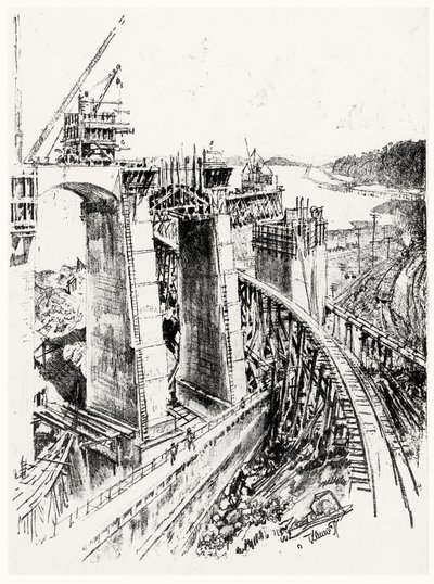 A Gatun-zsilip megközelítése, VI. tábla a Panama-csatornából, Joseph Pennell, 1912 (szén papíron) alkotó: Joseph Pennell