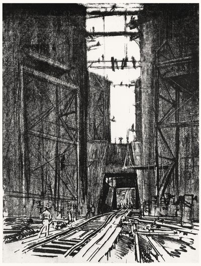A Gatun-zsilip alján, a Panama-csatorna IV. táblája, Joseph Pennell, 1912 (faszén papíron) alkotó: Joseph Pennell