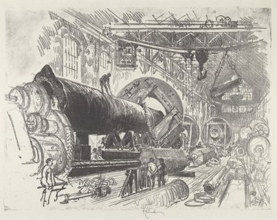 Egy nagy fegyver vágása és forgatása, 1916. alkotó: Joseph Pennell