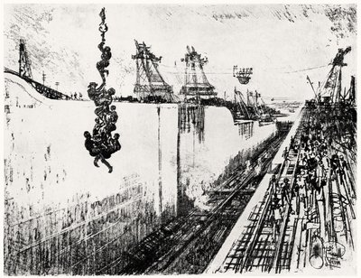 Vacsoraidő Gatunban, III. tányér a Panama-csatornából, Joseph Pennell, 1912 (szén papíron) alkotó: Joseph Pennell