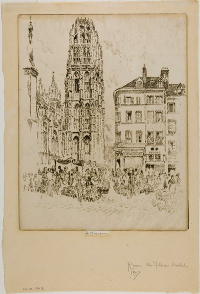 Virágpiac és vajtorony, Rouen alkotó: Joseph Pennell