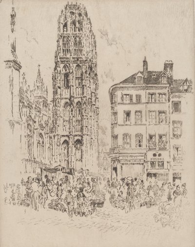 Virágpiac és vajtorony, Rouen, 1907. alkotó: Joseph Pennell