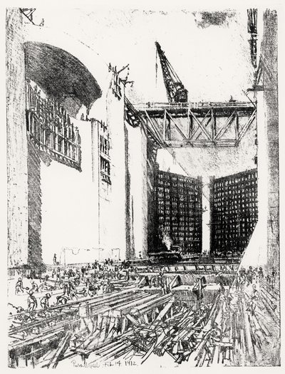 A padló lerakása: Pedro Miguel Lock, XVIII. tábla a Panama-csatornából, Joseph Pennell, 1912. február 14. (szén) alkotó: Joseph Pennell