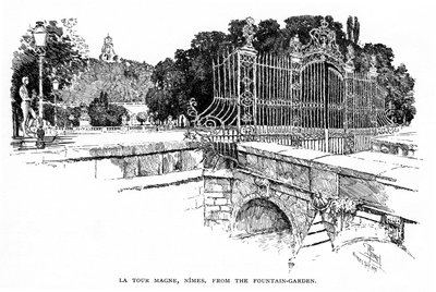 Nimes (Gard, Languedoc): a Magne-torony a Fontaine-kertből 1888-ban (metszet) alkotó: Joseph Pennell