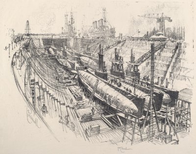 Tengeralattjárók a szárazdokkban, 1917. alkotó: Joseph Pennell