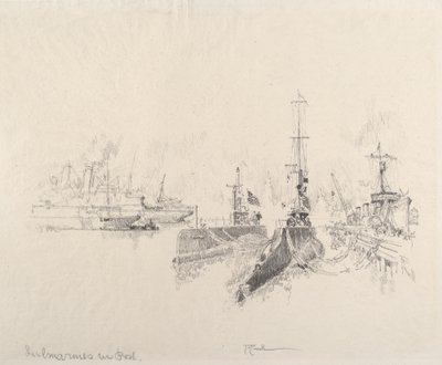Tengeralattjárók Portban, 1917. alkotó: Joseph Pennell