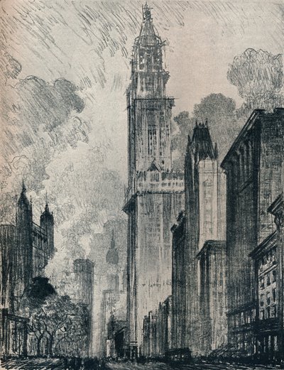 A Broadway és a Woolworth Building, New York, 1912 alkotó: Joseph Pennell