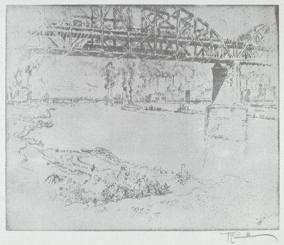 A City Bridge, St. Louis [lent], 1919-ben vagy azután. alkotó: Joseph Pennell