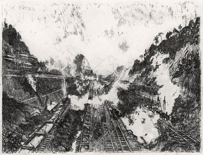 The Cut Looking to Ancon Hill, XVII. tábla a Panama-csatornából, Joseph Pennell, 1912 (szén, papíron) alkotó: Joseph Pennell