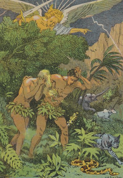 Ádám és Éva kiűzése az Édenkertből (színes litográfia) alkotó: Joseph Porphyre Pinchon