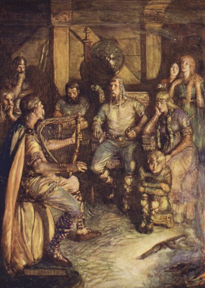 A gleeman Beowulf tetteit énekli (színes litó) alkotó: Joseph Ratcliffe (after) Skelton