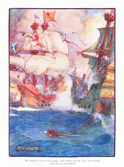 Sir Andrew két hajójával, a Yellow Carvellel és a Flowerrel legyőzte öt angol hajót, 1910 alkotó: Joseph Ratcliffe Skelton