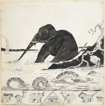Hozzáadás. 59840 f.33 Az elefánt gyermeke a „Just So Stories”-ból, Rudyard Kipling alkotó: Joseph Rudyard (after) Kipling