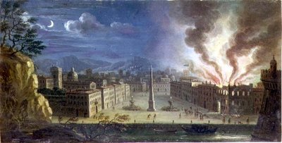 Piazza egy olasz tengeri kikötőben, éjszaka lángokban álló épülettel alkotó: Joseph Ruiz