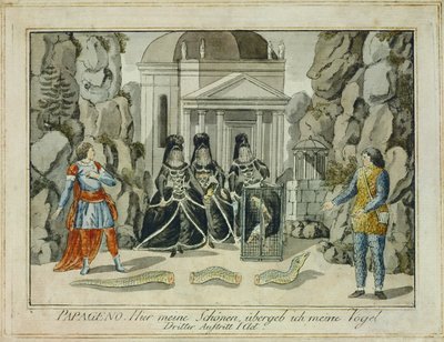 Tamino és Papageno a Három Hölggyel ... (metszet) alkotó: Joseph Schaffer