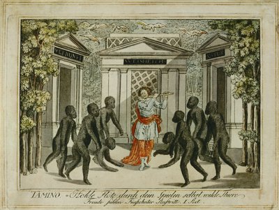 Tamino megszelídíti az állatokat a varázsfuvolával... (metszet) alkotó: Joseph Schaffer