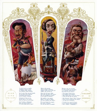 Karikatúrák: Meidzsi japán császár; Maurice Barres francia író és nacionalista politikus; Jean Jaures, francia politikus (színes litó) alkotó: Joseph Sirat