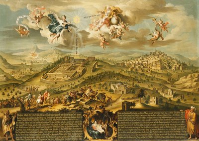 Betlehem látképe a mágusok utazásával, fent a Szentháromsággal és lent a születéssel festett kartonban, 1752 alkotó: Joseph Stephan