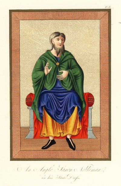 Angolszász nemes állami ruhában, 8. század, 1845 (metszet) alkotó: Joseph Strutt