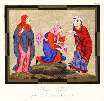 Angolszász női viseletek, 9. és 10. század, 1854 (metszet) alkotó: Joseph Strutt