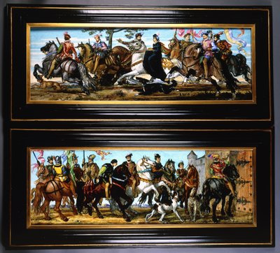 Egy pár kerámia faltábla, amelyek középkori jeleneteket ábrázolnak vadászkutyákkal alkotó: Joseph Theodore Deck