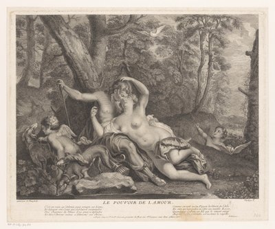 Landschap Vénuszt Adoniszba helyezi A szerelem ereje (cím a tárgyon) alkotó: Joseph Vanloo