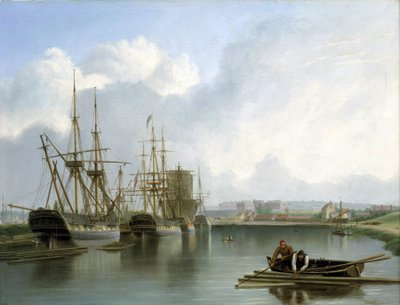 A bristoli (Anglia) dokkok leírása, ahol indián hajók kereskednek és amerikai faanyagot szállítanak, és a vízen úszó fa rakományok, amelyeket két férfi egy csónakban horoggal és géppuskával szed össze. alkotó: Joseph Walter