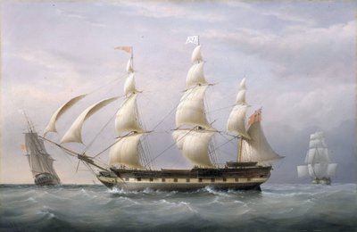 A Kelet-indiai Társaság "Britannia" nevű hajója, három oldalról nézve, visszatért Barbadosról. Olaj, vászon alkotó: Joseph Walter