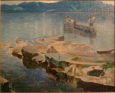 Sziklanyelv az Eibsee-ben halászokkal alkotó: Joseph Wopfner