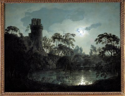 Holdfény tóval és várral Romantikus éjszakai táj. Joseph Wright derbyi festménye (1734-1797) 1787-es magángyűjtemény alkotó: Joseph Wright of Derby
